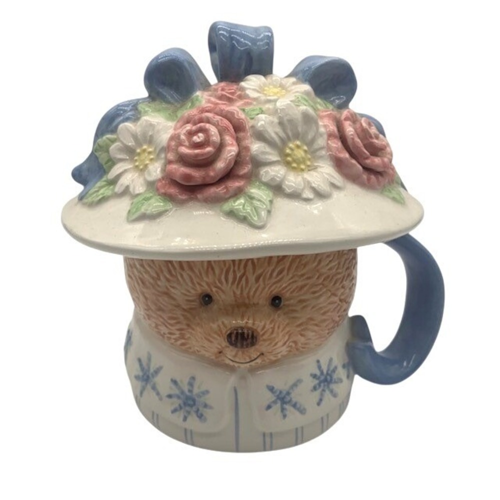 Vintage Teddy Bear Ceramic Mug Floral Hat Lid 3D Roses Cottagecore Grandmacore